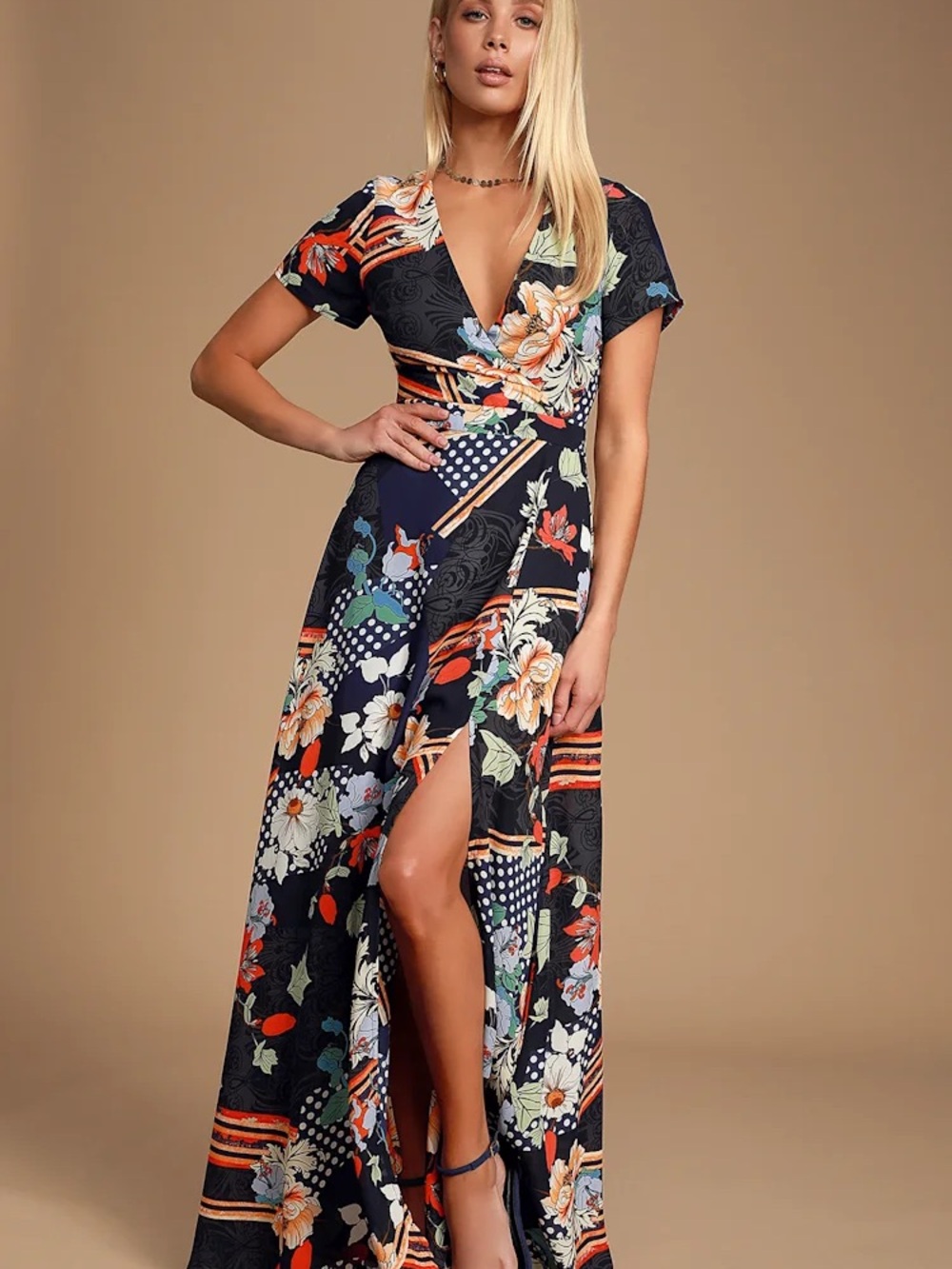 Floral Wrap Maxi Dress in Navy and Multicolor